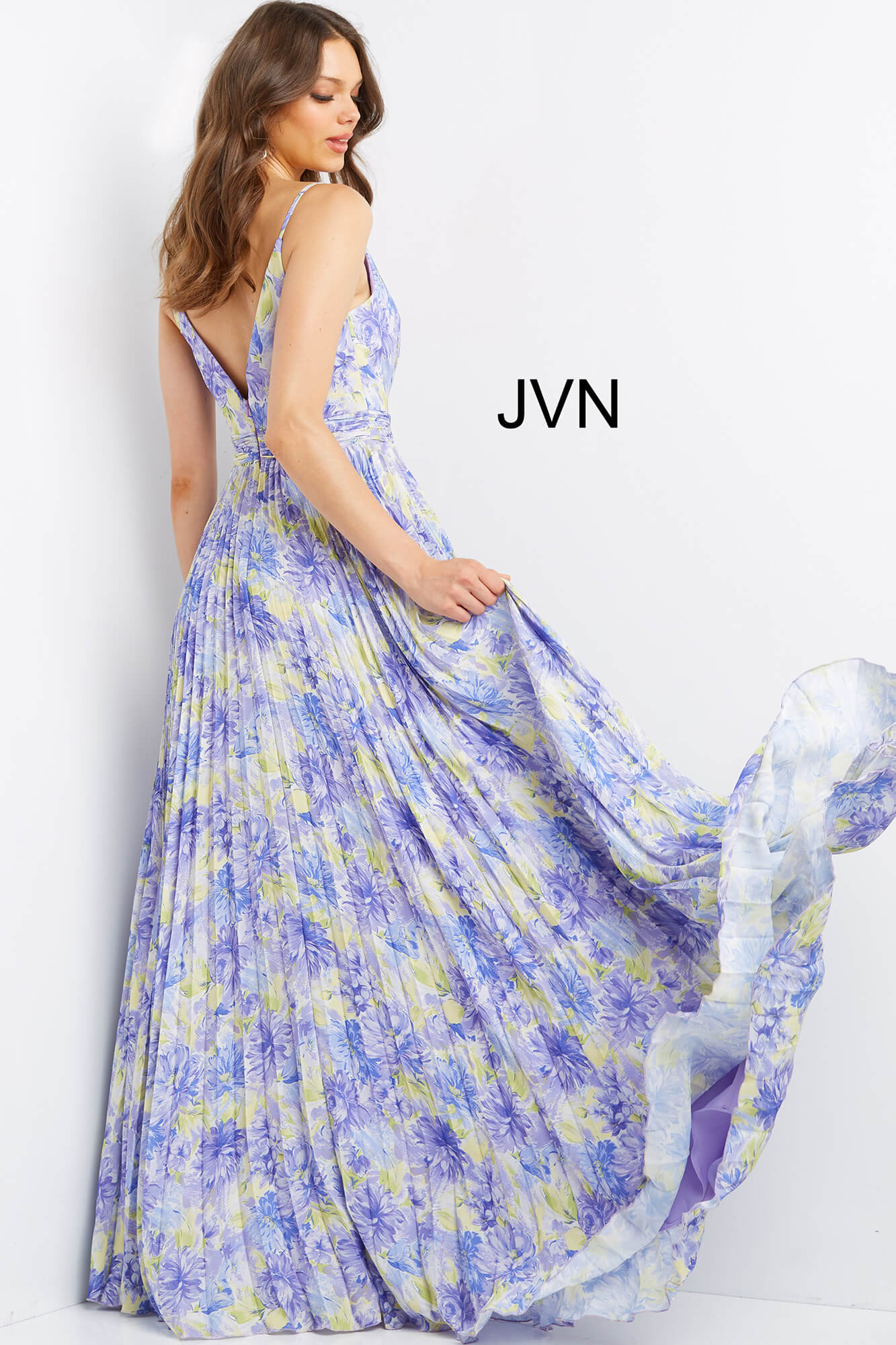 JVN08491 | Lilac Floral Low V Neck Open Back Prom Dress